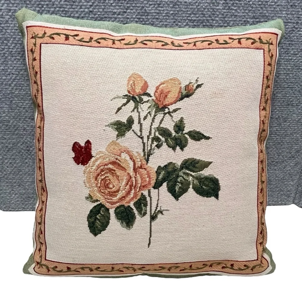 Pair of Vintage Rose Double-Sided Tapestry Pillows 13” x 13.5”